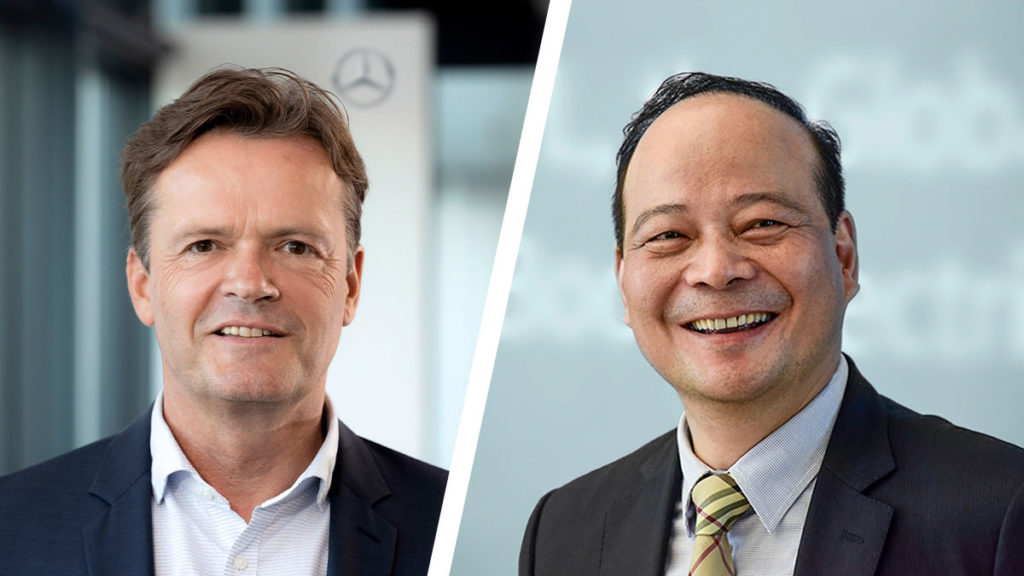 Mercedes-Benz (links: Markus Schäfer, Mitglied des Vorstands der Daimler AG und Mercedes-Benz AG) und CATL (rechts: Dr. Robin Zeng, Gründer, Vorstandsvorsitzender und CEO von CATL) verkünden eine erweiterte Partnerschaft im Bereich der Batterietechnologie. Foto: Daimler