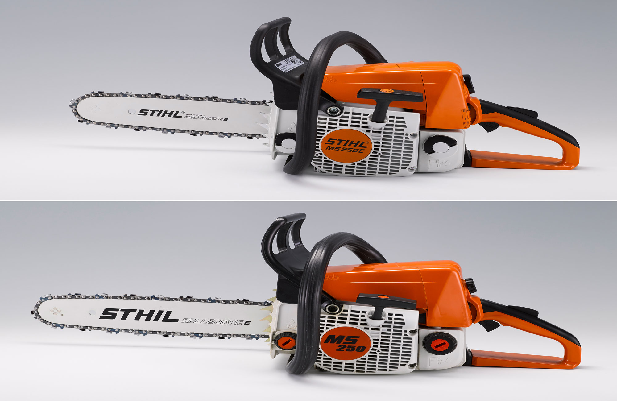 Mit dem 1. Preis der diesjährigen Plagiarius-Verleihung wurde die Motorsäge „STIHL MS 250“ ausgezeichnet. Oben ist das Original der ANDREAS STIHL AG & Co. KG, Waiblingen, Deutschland, zu sehen. Darunter die Fälschung der  Hangzhou Guley Garden Machinery Co., Ltd., VR China Foto: Aktion Plagiarius e.V.