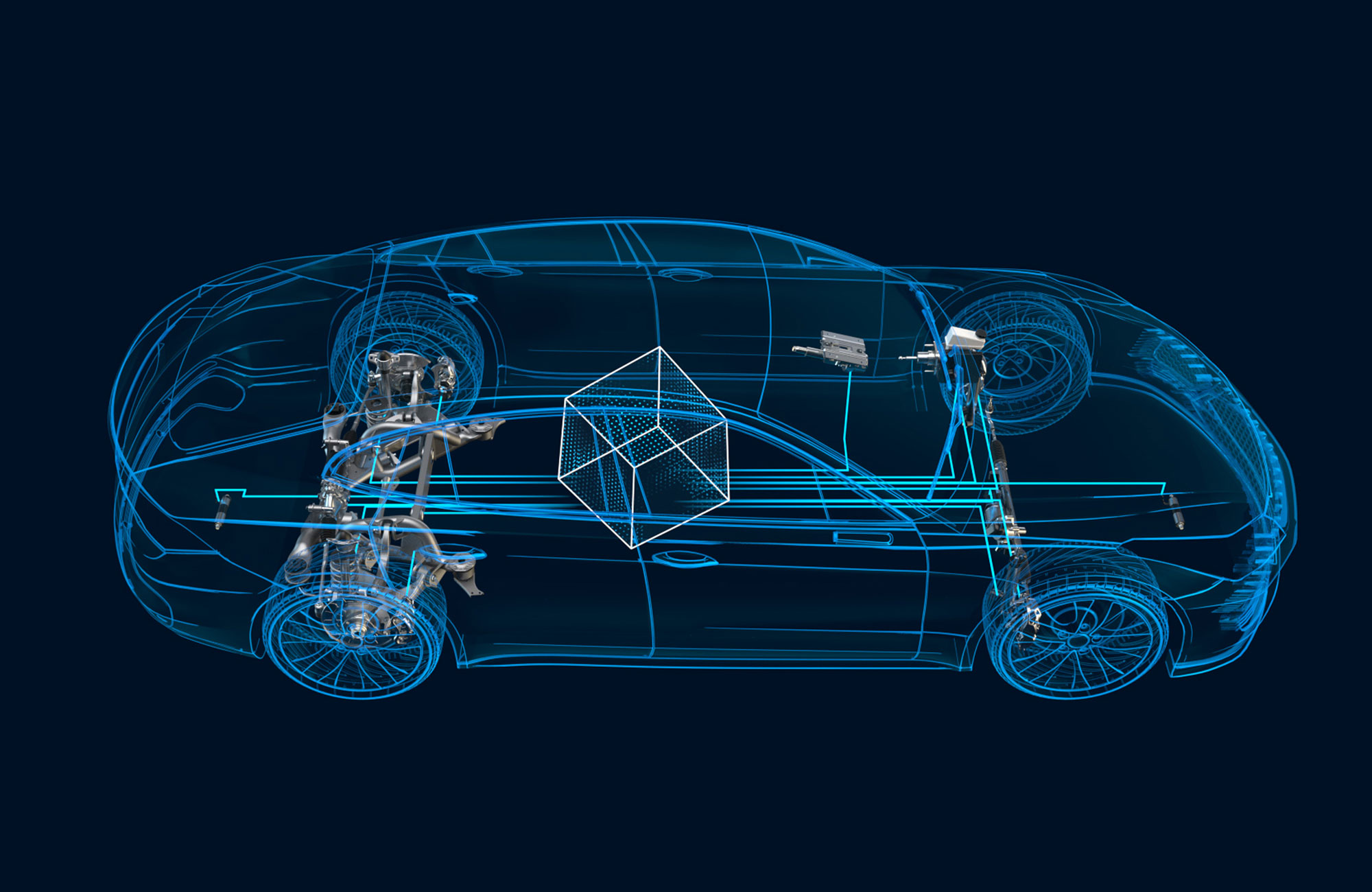 Software-as-a-Product von ZF: Der Fahrwerk-Controller cubiX greift auf Sensor-Informationen des gesamten Fahrzeugs zu und nutzt sie für eine optimierte Steuerung aktiver Systeme in Fahrwerk, Lenkung, Bremse und Antriebsstrang. Das System geht 2023 bei zwei großen OEM in China in Serie. Bild: ZF